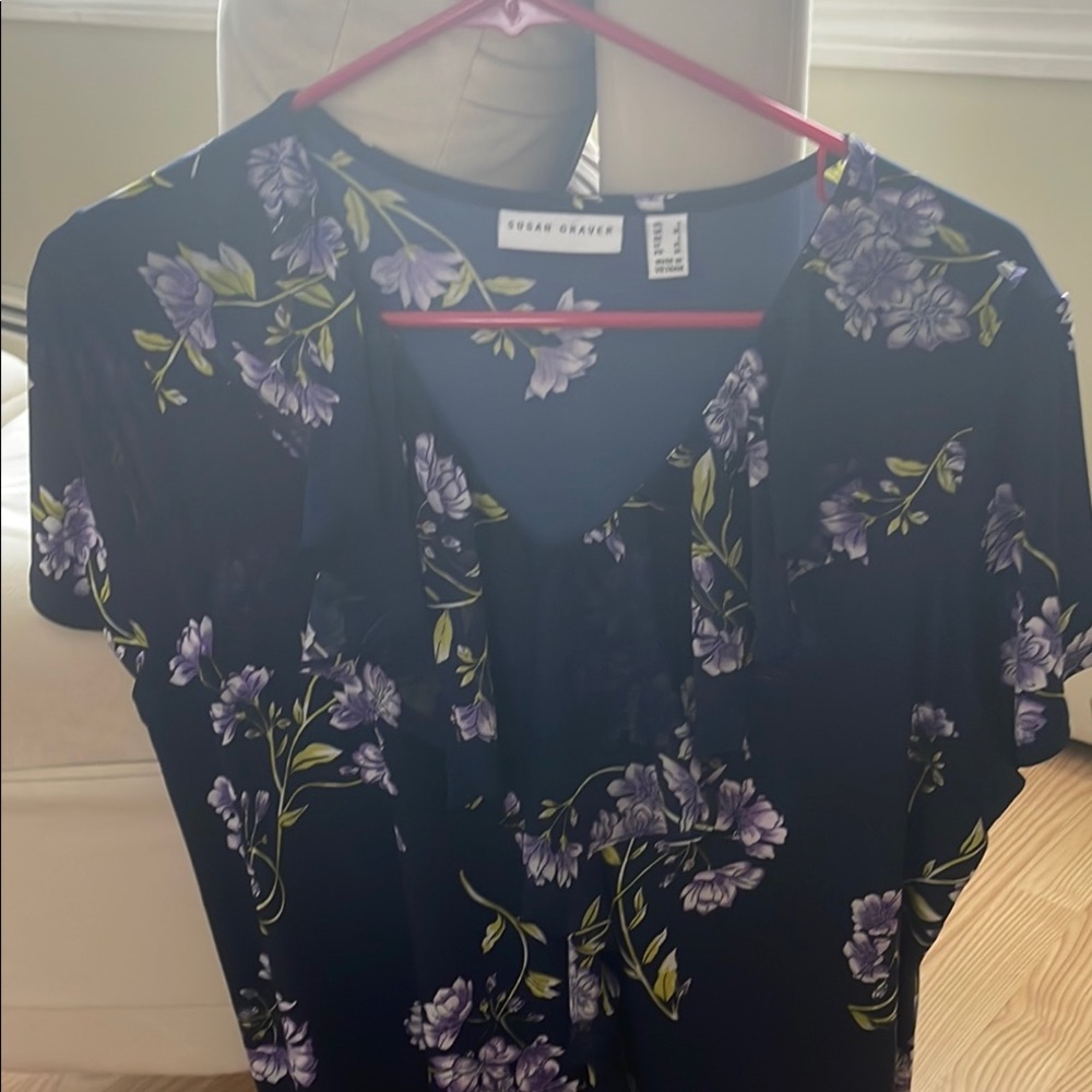 Susan Graver Blue Ruffled Bib Collar Blouse
